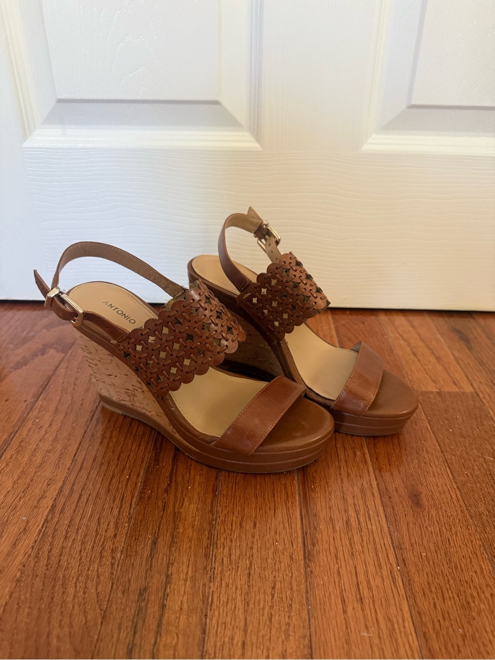 ANTONIO MELANI Tan Brown Laser-Cut Leather Wedge Sandals